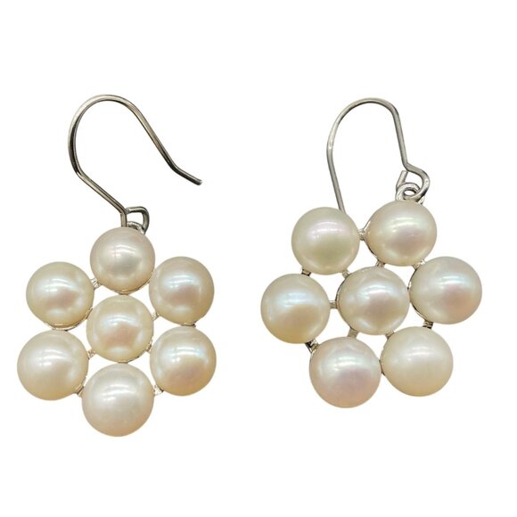 Hanging Earrings Faux Pearls Flower Cluster on Hypoallergenic Stainless Steel .7 - Picture 1 of 4